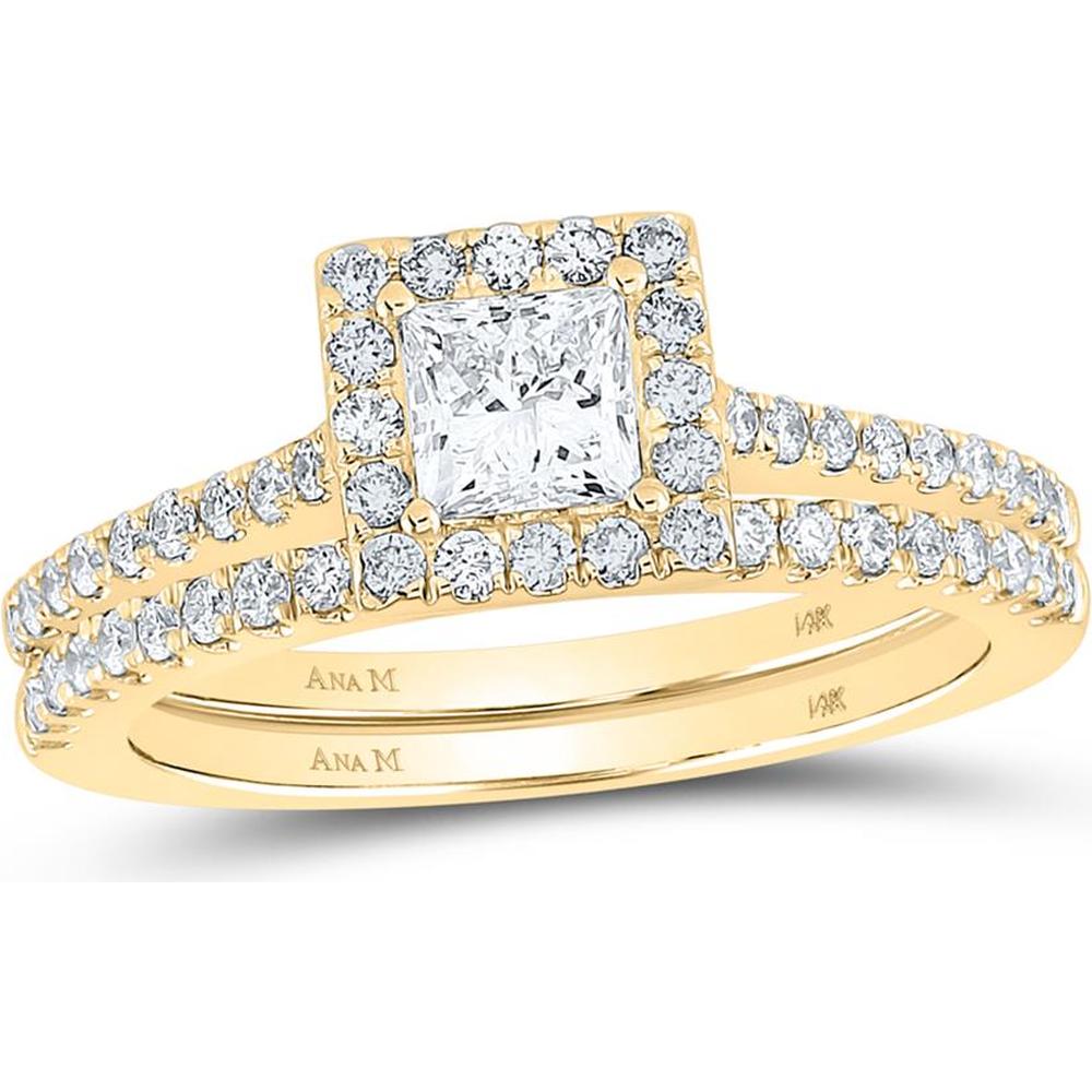 14K Yellow Gold Princess Diamond Halo Bridal Wedding Ring Set - 1.08 Carat Total Diamond Weight