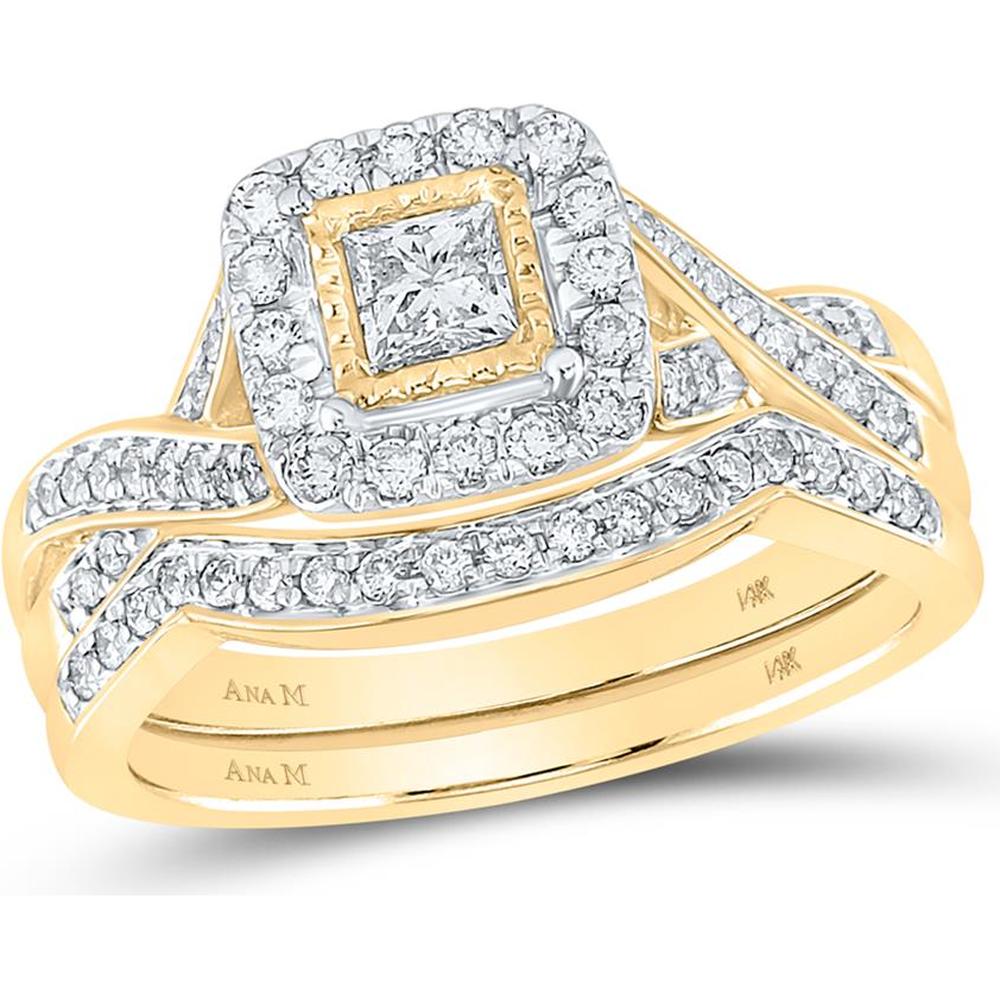 14K Yellow Gold Princess Diamond Halo Bridal Wedding Ring Set - 5/8 Carat Total Diamond Weight