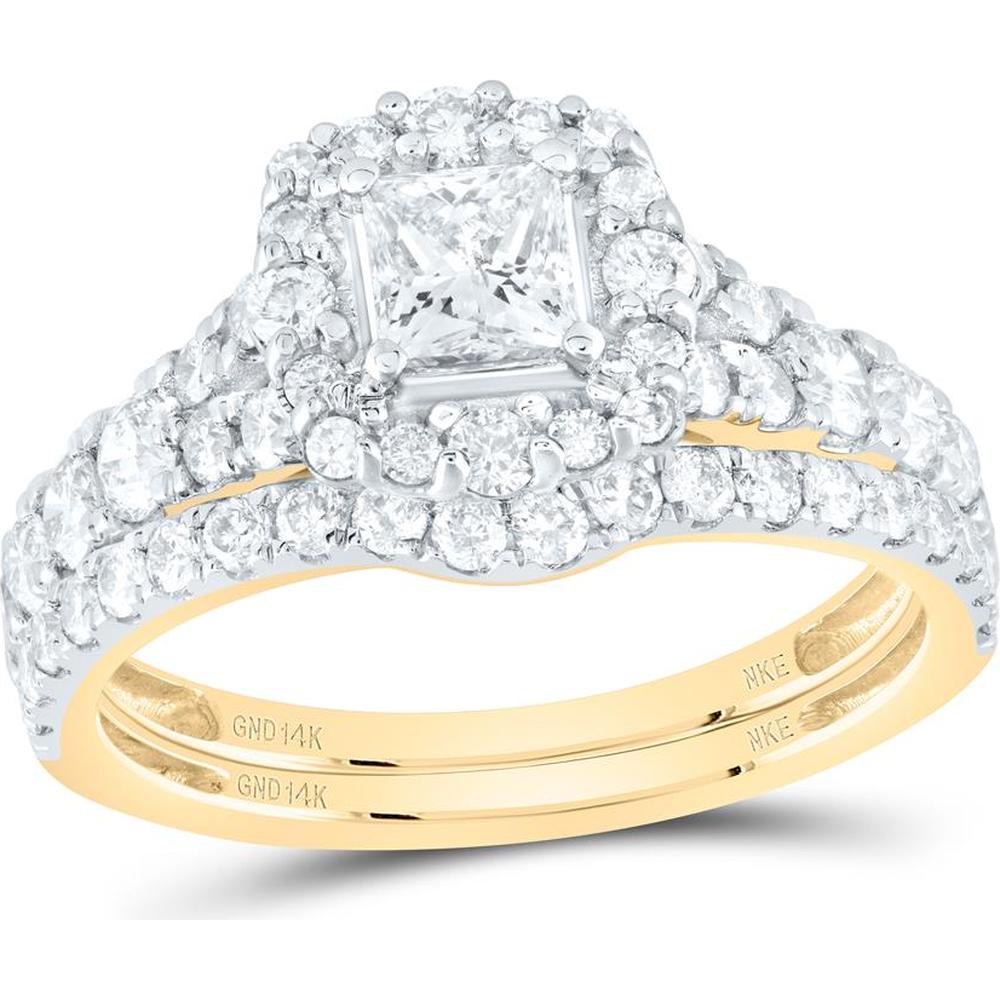 14K Yellow Gold Princess Diamond Halo Bridal Wedding Ring Set with 1.5 Carat Total Diamond Weight and Natural Blue Sapphire Accent