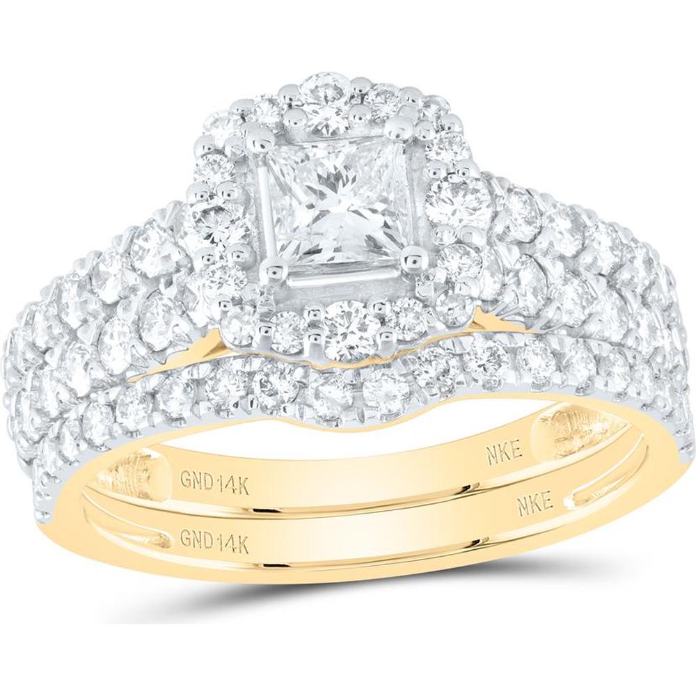14K Yellow Gold Princess Diamond Halo Bridal Wedding Ring Set with Blue Sapphire - 1.5 Carat Total Diamond Weight
