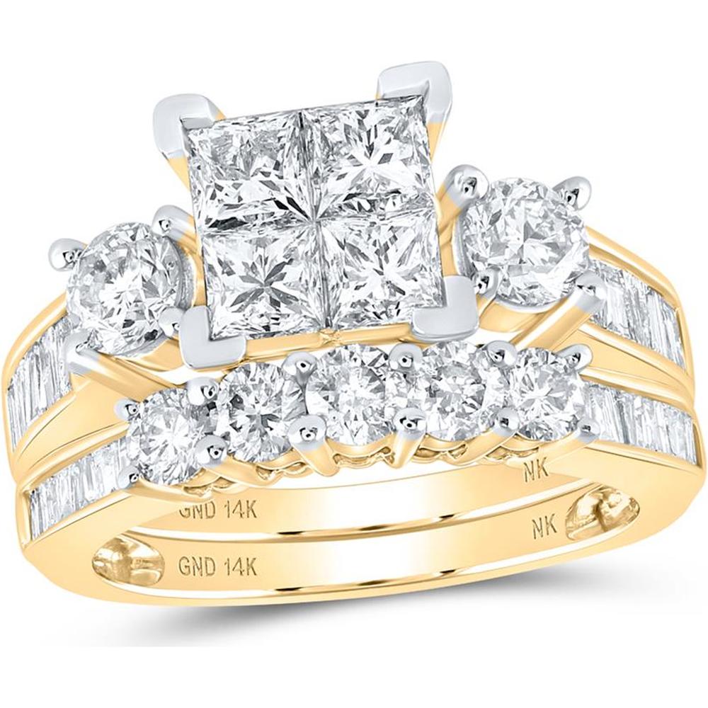 14K Yellow Gold Princess Diamond Square Bridal Wedding Ring Set - 3 Carat Total Diamond Weight
