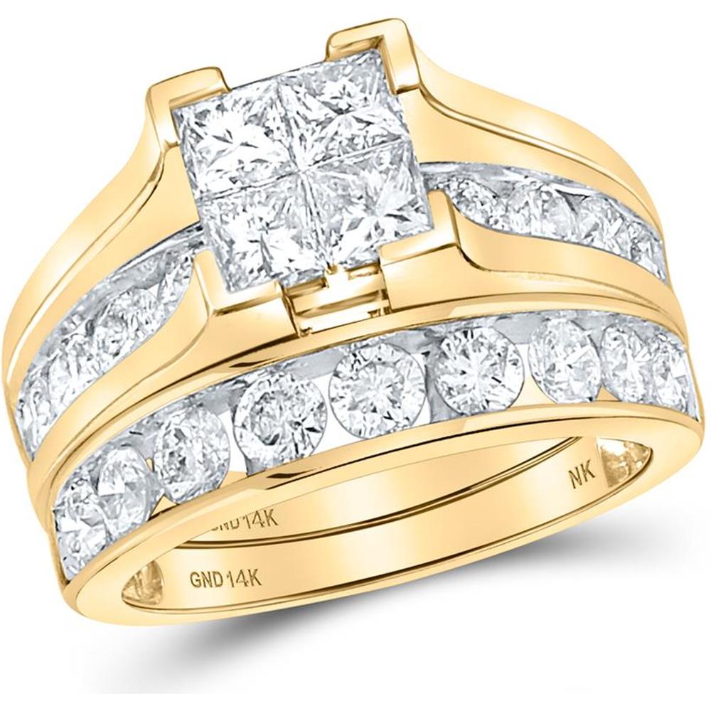 14K Yellow Gold Princess Diamond Square Bridal Wedding Ring Set with Round Channel-Set Diamonds - 3 Carat Total Diamond Weight