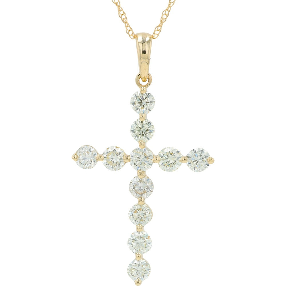 14K Yellow Gold Prong-Set Round Diamond Cross Pendant - 1.00 Carat Total Diamond Weight