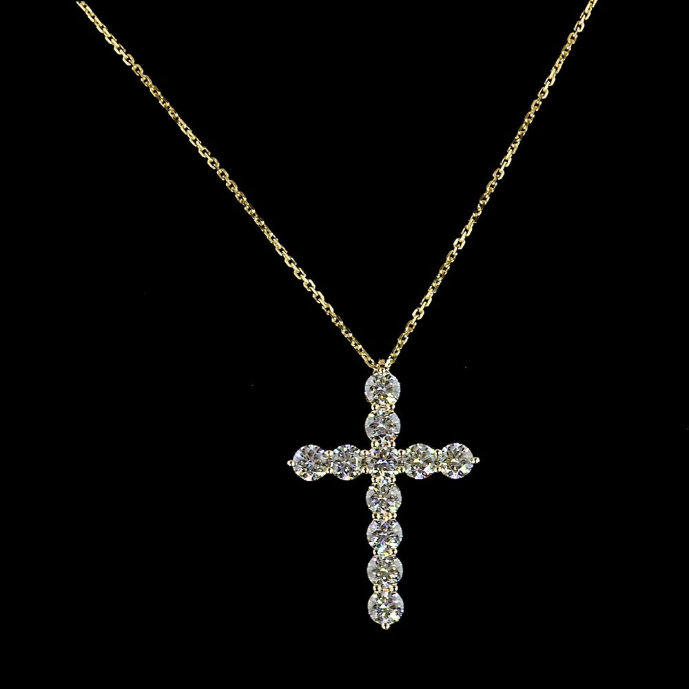 14K Yellow Gold Prong Set Round Lab Diamond Cross Pendant - 1.99 Carat Total Weight, E-F Color, VS1 Clarity - Covaloro Fine Jewelry