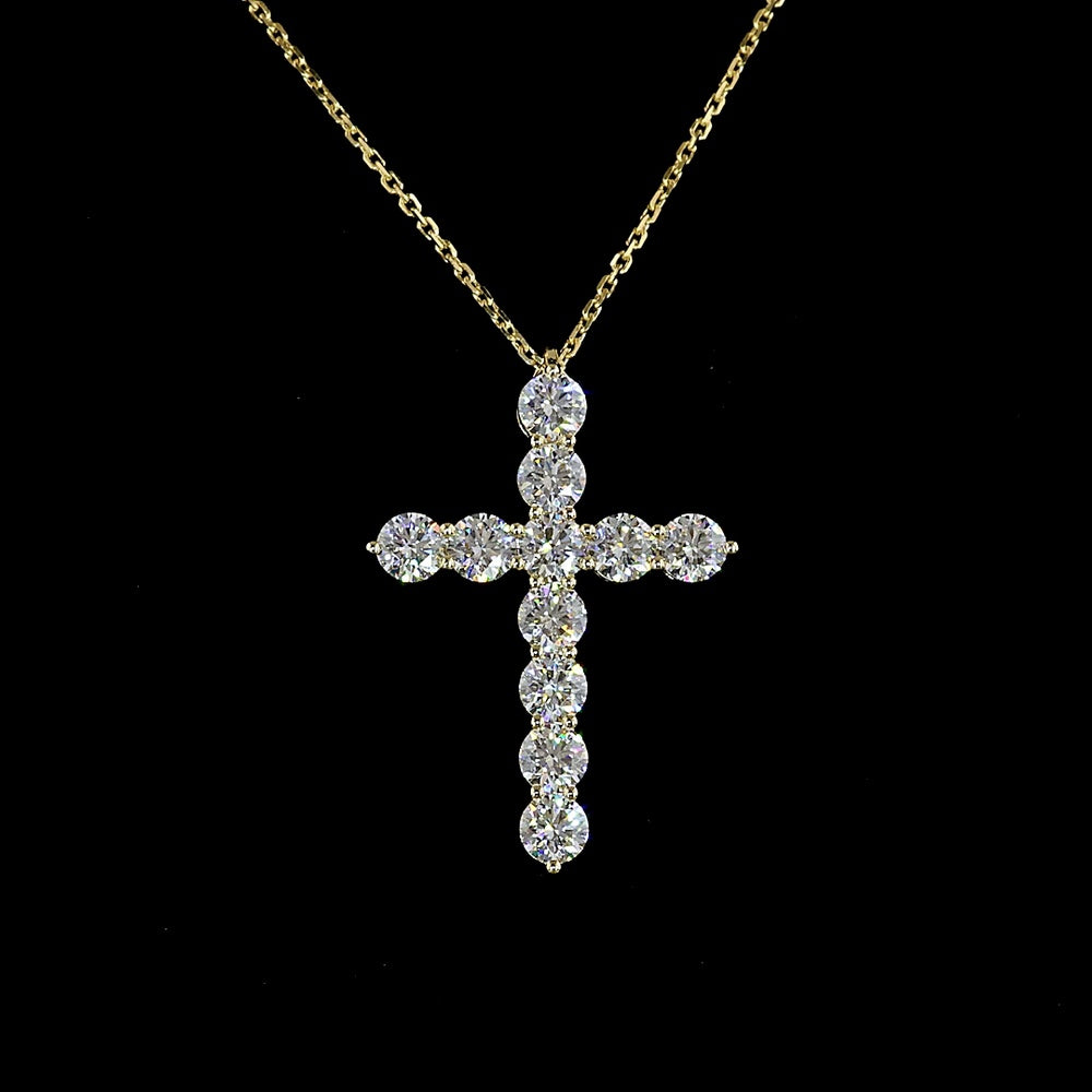 14K Yellow Gold Prong Set Round Lab Diamond Cross Pendant - 1.99 Carat Total Weight, E-F Color, VS1 Clarity - Covaloro Fine Jewelry