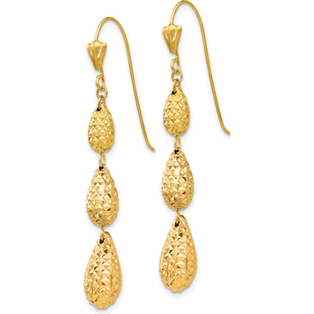 14K Yellow Gold Puff Diamond-Cut Teardrop Dangle Earrings - Elegant Lightweight Drop Design by 0