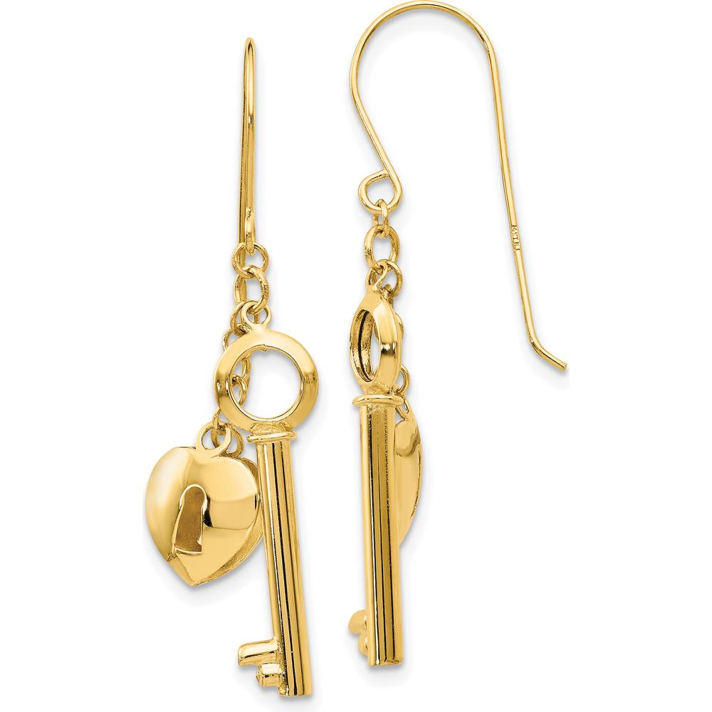 14K Yellow Gold Puff Heart Lock and Key Drop Earrings - Polished Finish by 0