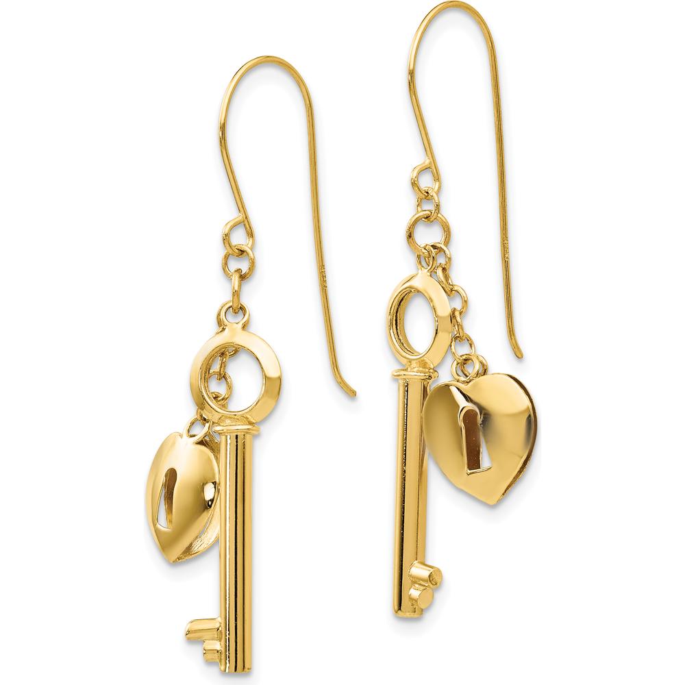 14K Yellow Gold Puff Heart Lock and Key Drop Earrings - Polished Finish by 0