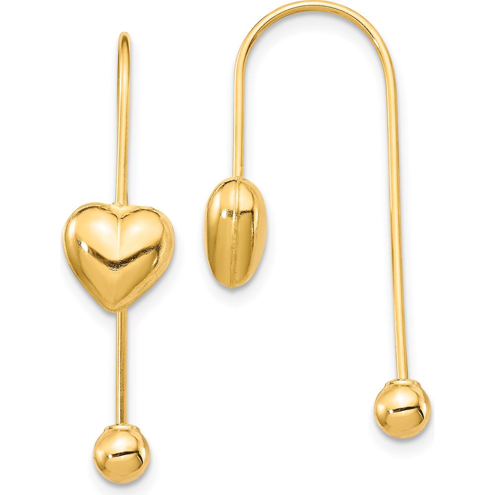 14K Yellow Gold Puffed Heart Threader Drop Earrings - Elegant Heart Design by Oro Pregiato