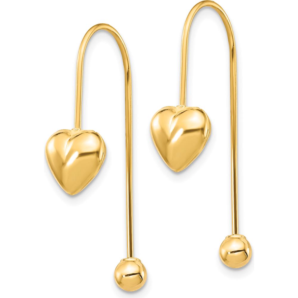 14K Yellow Gold Puffed Heart Threader Drop Earrings - Elegant Heart Design by Oro Pregiato
