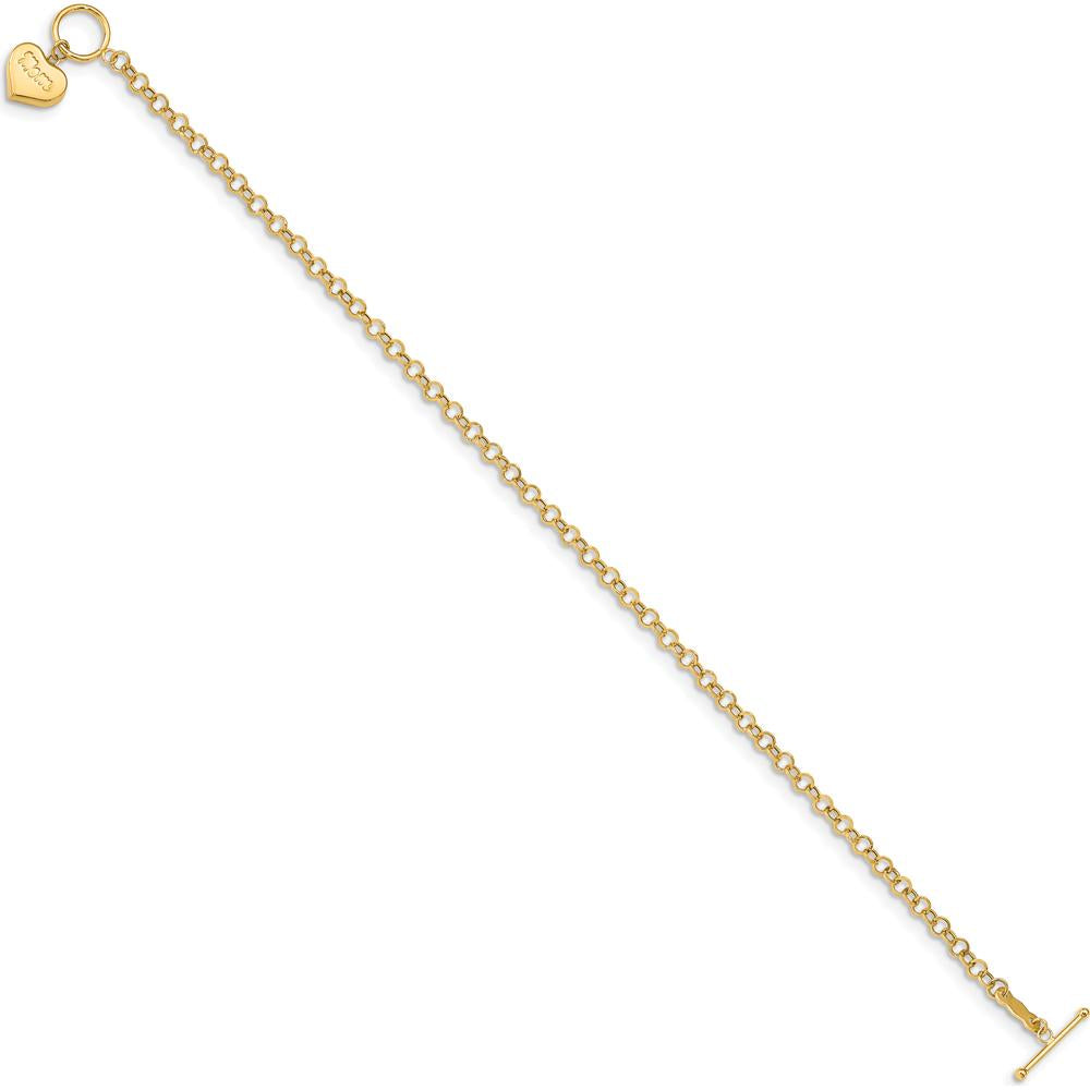 14K Yellow Gold Puffed MOM Heart Dangle Toggle Bracelet - 7.5" Length by 0