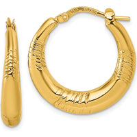 14K Yellow Gold Puffed Round Hoop Earrings with Textured Grooved Finish - 23.6mm Length by 0