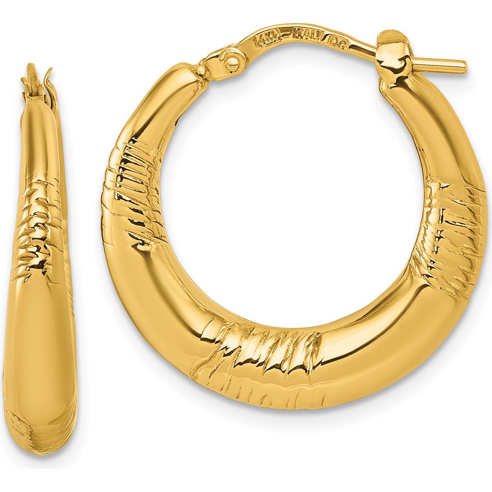 14K Yellow Gold Puffed Round Hoop Earrings with Textured Grooved Finish - 23.6mm Length by 0