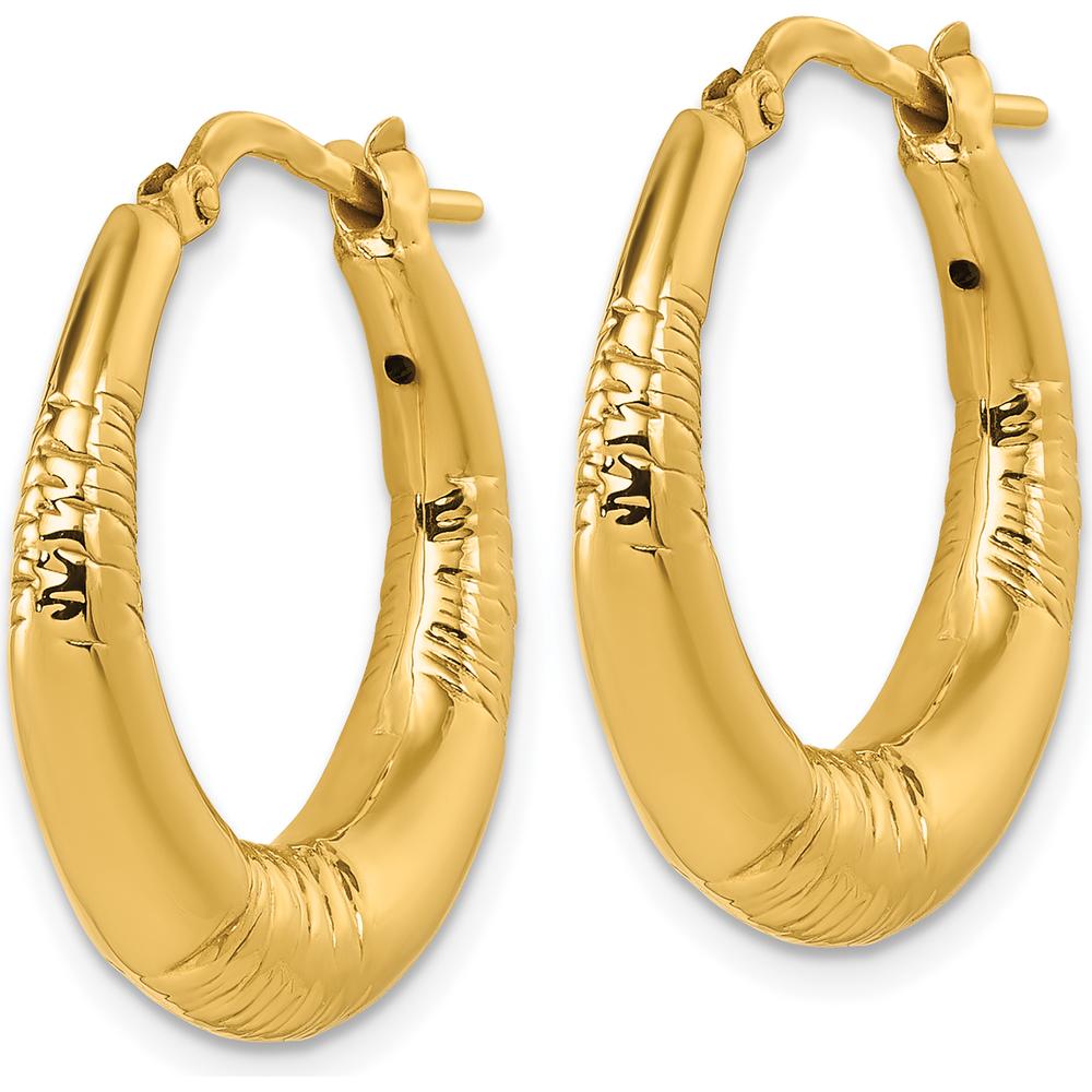 14K Yellow Gold Puffed Round Hoop Earrings with Textured Grooved Finish - 23.6mm Length by 0