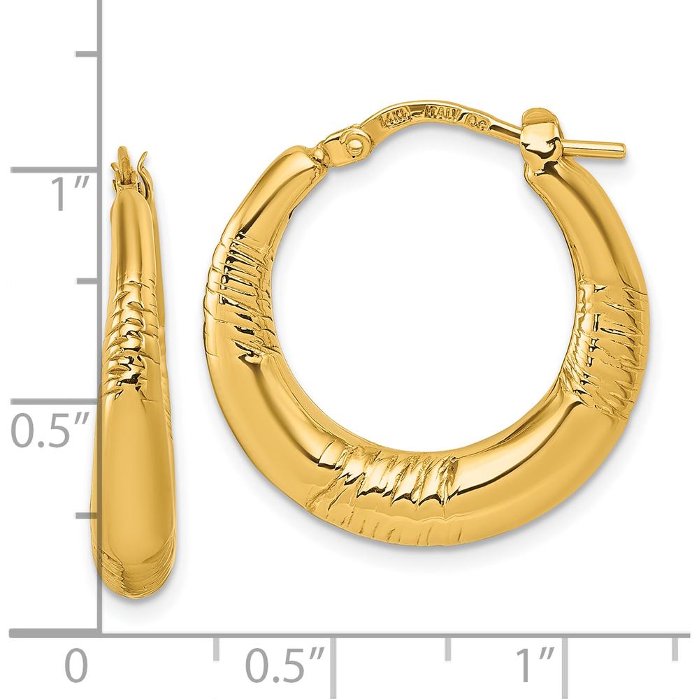 14K Yellow Gold Puffed Round Hoop Earrings with Textured Grooved Finish - 23.6mm Length by 0