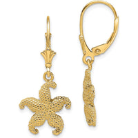 14K Yellow Gold Puffed Starfish Leverback Drop Earrings by 0