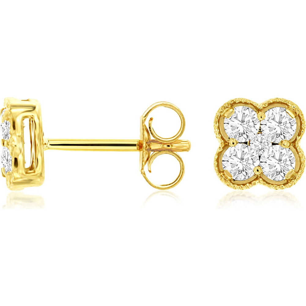 14K Yellow Gold Quatrefoil Cluster Stud Earrings with Milgrain Edge and Round Brilliant Diamonds - 0.50 Carat Total Diamond Weight - Royal Jewelry
