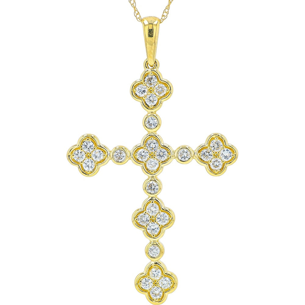 14K Yellow Gold Quatrefoil Cross Pendant with Prong-Set Round Diamonds - 0.50 Carat Total Diamond Weight