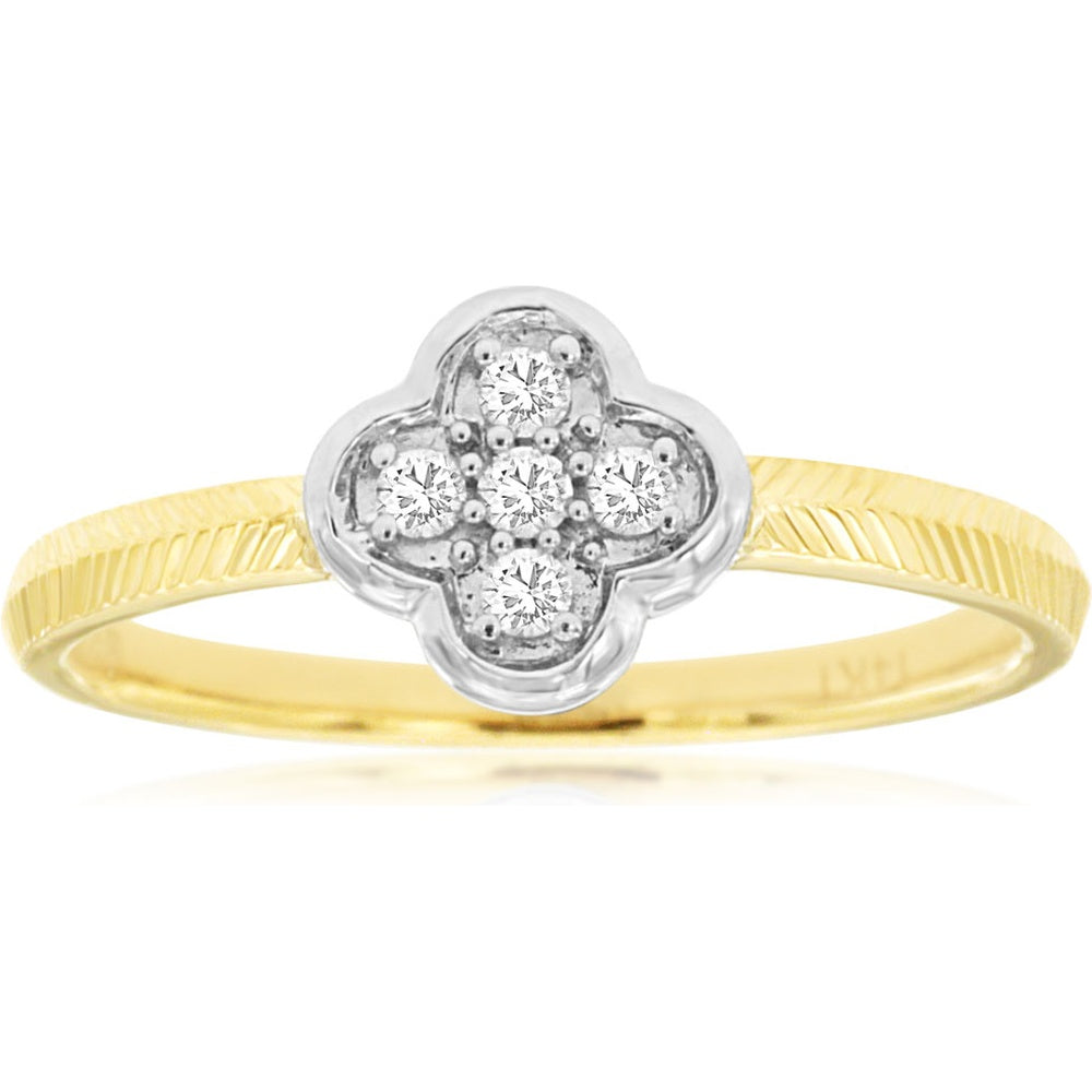 14K Yellow Gold Quatrefoil Diamond Cluster Ring with Textured Band - 0.10 Carat Total Diamond Weight - Royal Jewelry