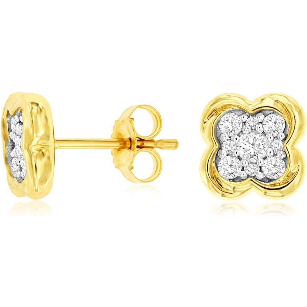 14K Yellow Gold Quatrefoil Diamond Stud Earrings with Pavé-Set Round Diamonds - 0.37 Carat Total Diamond Weight - Royal Jewelry