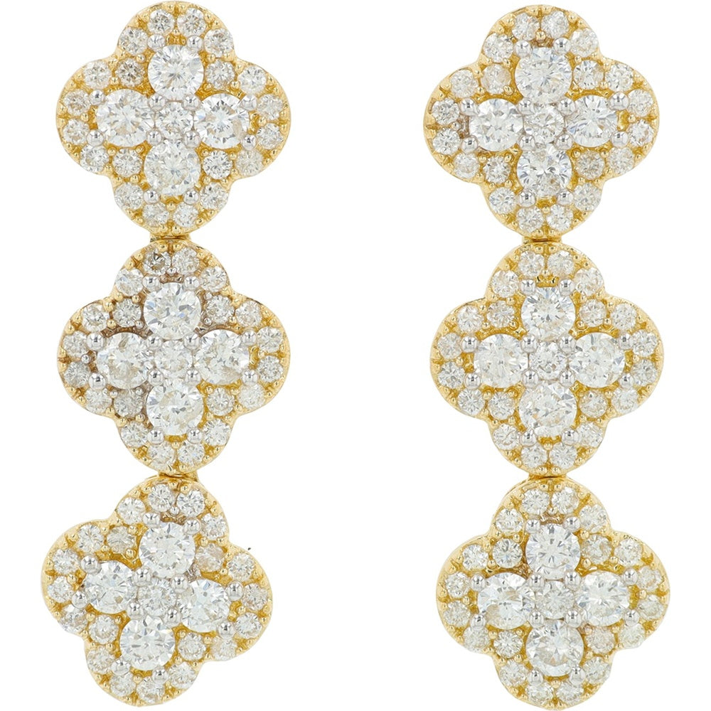 14K Yellow Gold Quatrefoil Drop Earrings with Halo-Set Round Diamonds - 1.20 Carat Total Diamond Weight