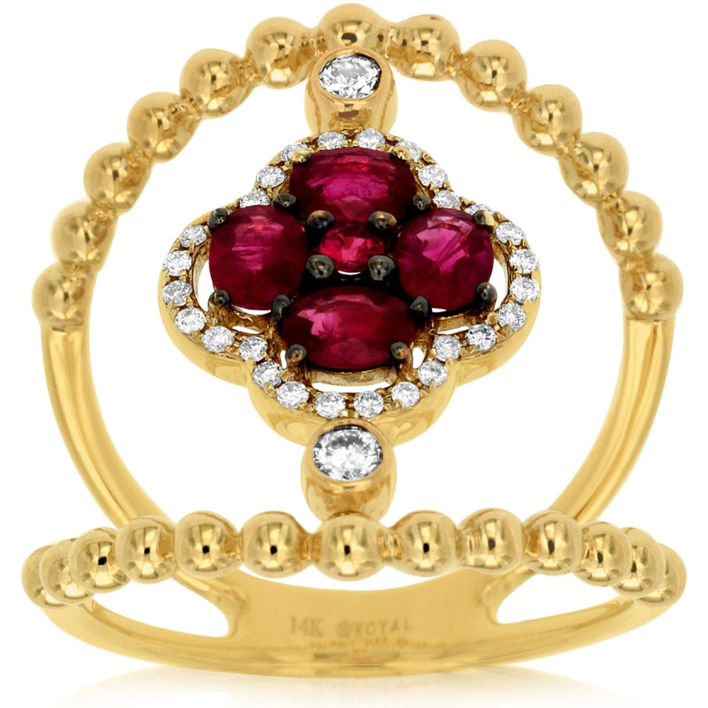 14K Yellow Gold Quatrefoil Halo Ring with 0.90 Carat Total Ruby and 0.22 Carat Total Diamond Accents - Royal Jewelry