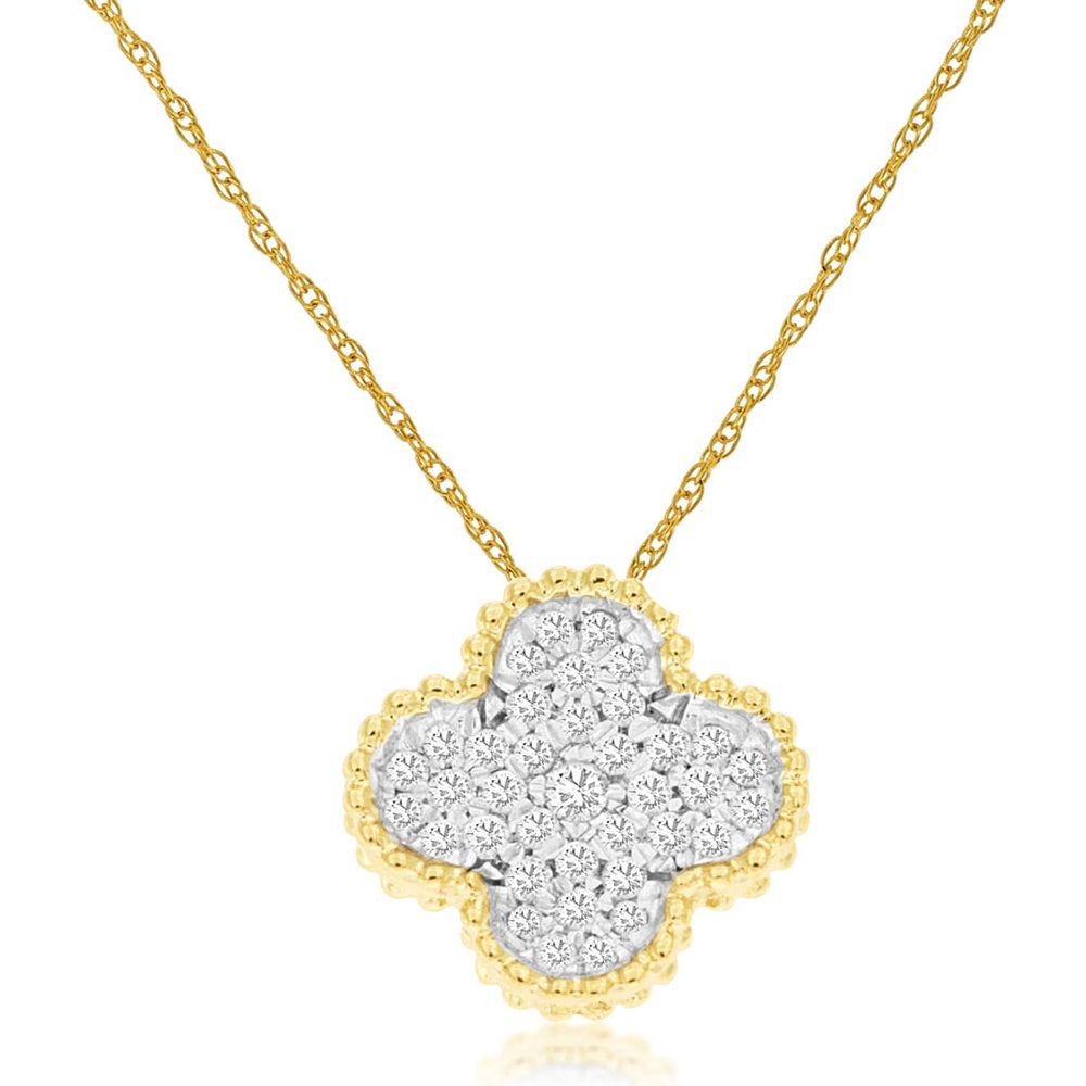 14K Yellow Gold Quatrefoil Pendant Necklace with Pavé Set Round Diamonds - 0.18 Carat Total Diamond Weight - Royal Jewelry