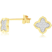 14K Yellow Gold Quatrefoil Stud Earrings with Pavé-Set Round Diamonds - 0.10 Carat Total Diamond Weight - Royal Jewelry