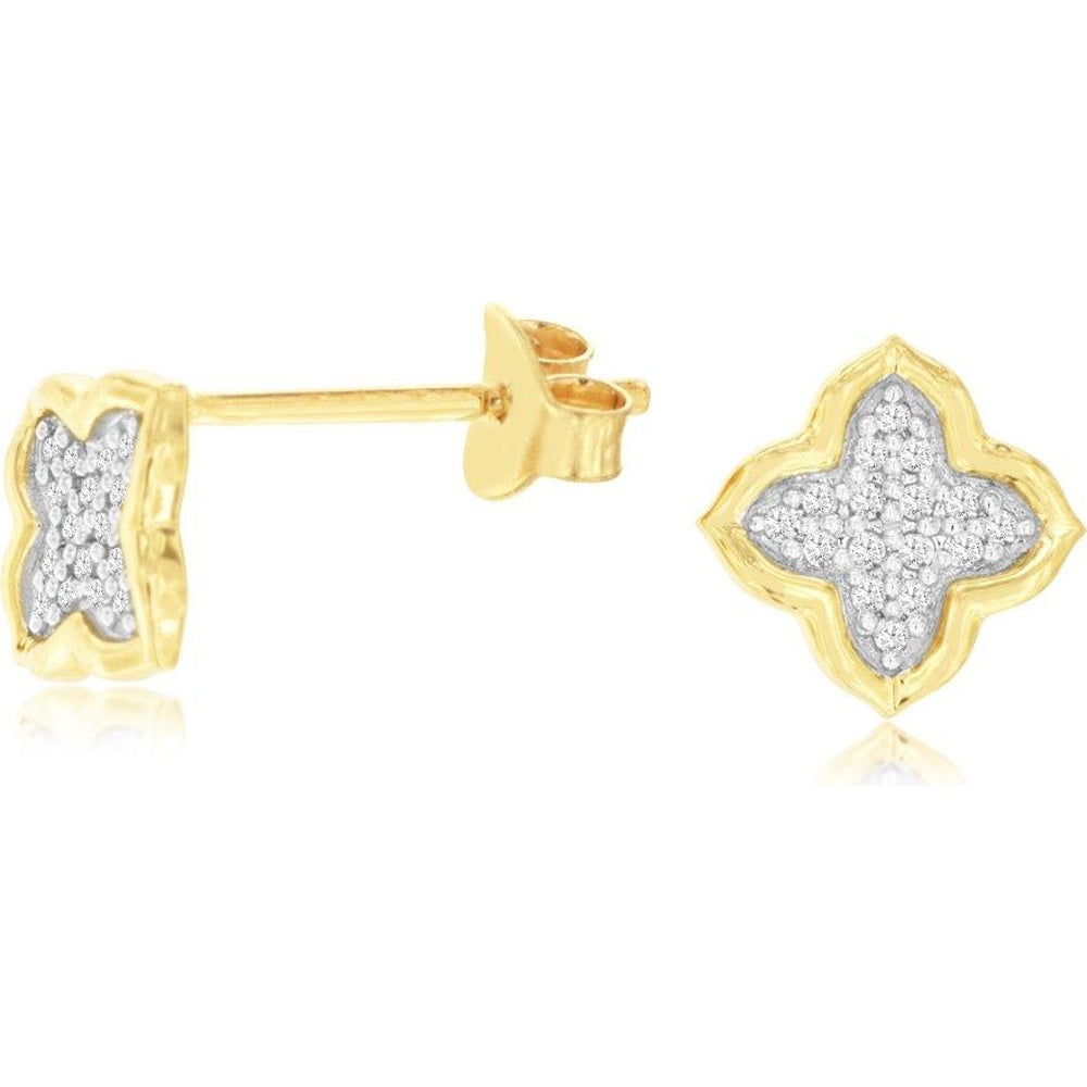 14K Yellow Gold Quatrefoil Stud Earrings with Pavé-Set Round Diamonds - 0.10 Carat Total Diamond Weight - Royal Jewelry