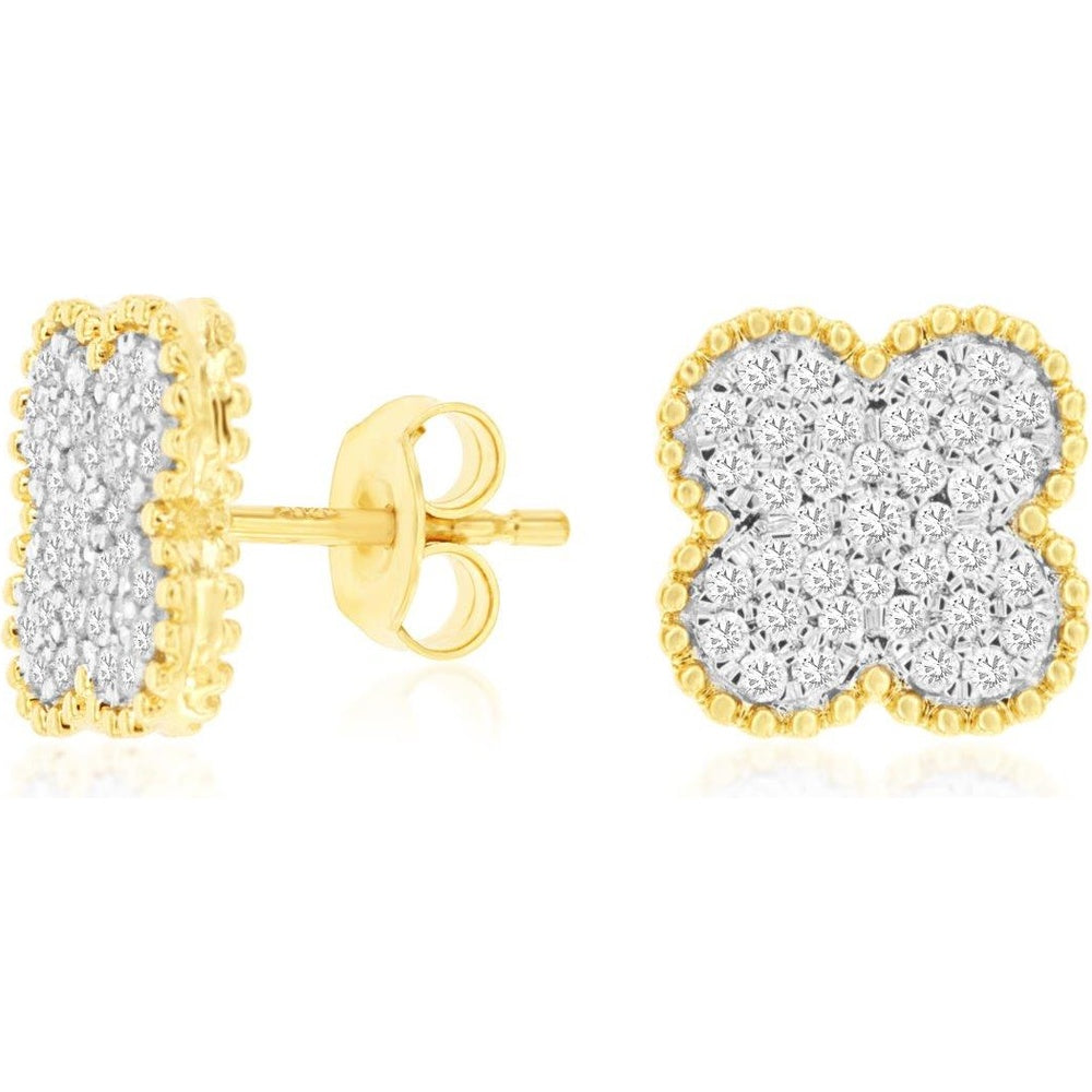 14K Yellow Gold Quatrefoil Stud Earrings with Pave-Set Round Diamonds and Milgrain Border - 0.50 Carat Total Diamond Weight - Royal Jewelry