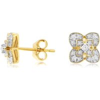 14K Yellow Gold Quatrefoil Stud Earrings with Prong and Pavé Set Round Diamonds - 0.25 Carat Total Diamond Weight - Royal Jewelry