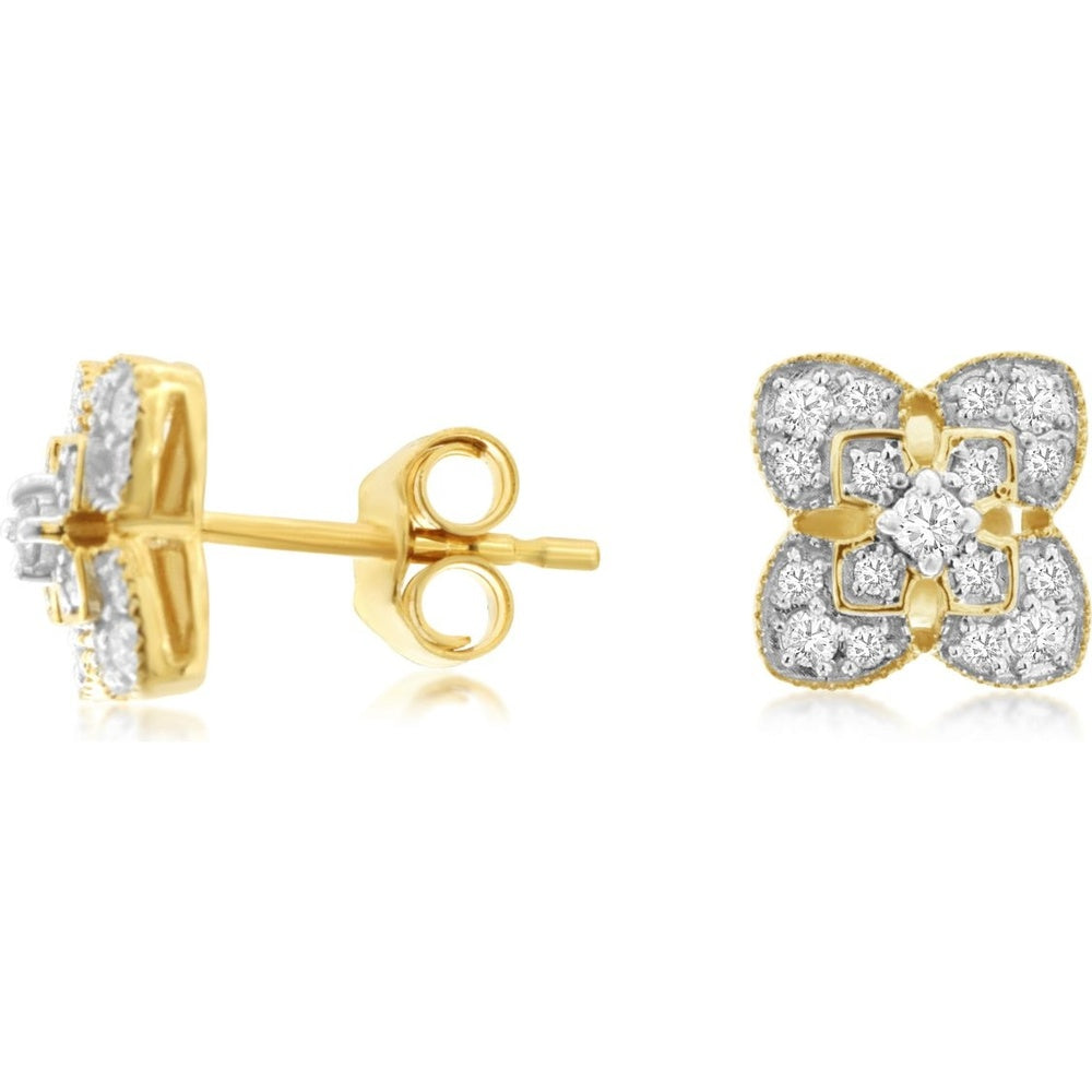 14K Yellow Gold Quatrefoil Stud Earrings with Prong and Pavé Set Round Diamonds - 0.25 Carat Total Diamond Weight - Royal Jewelry