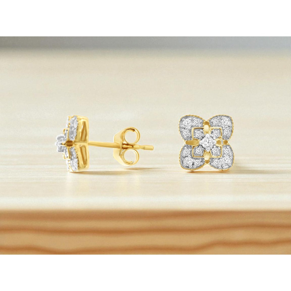 14K Yellow Gold Quatrefoil Stud Earrings with Prong and Pavé Set Round Diamonds - 0.25 Carat Total Diamond Weight - Royal Jewelry