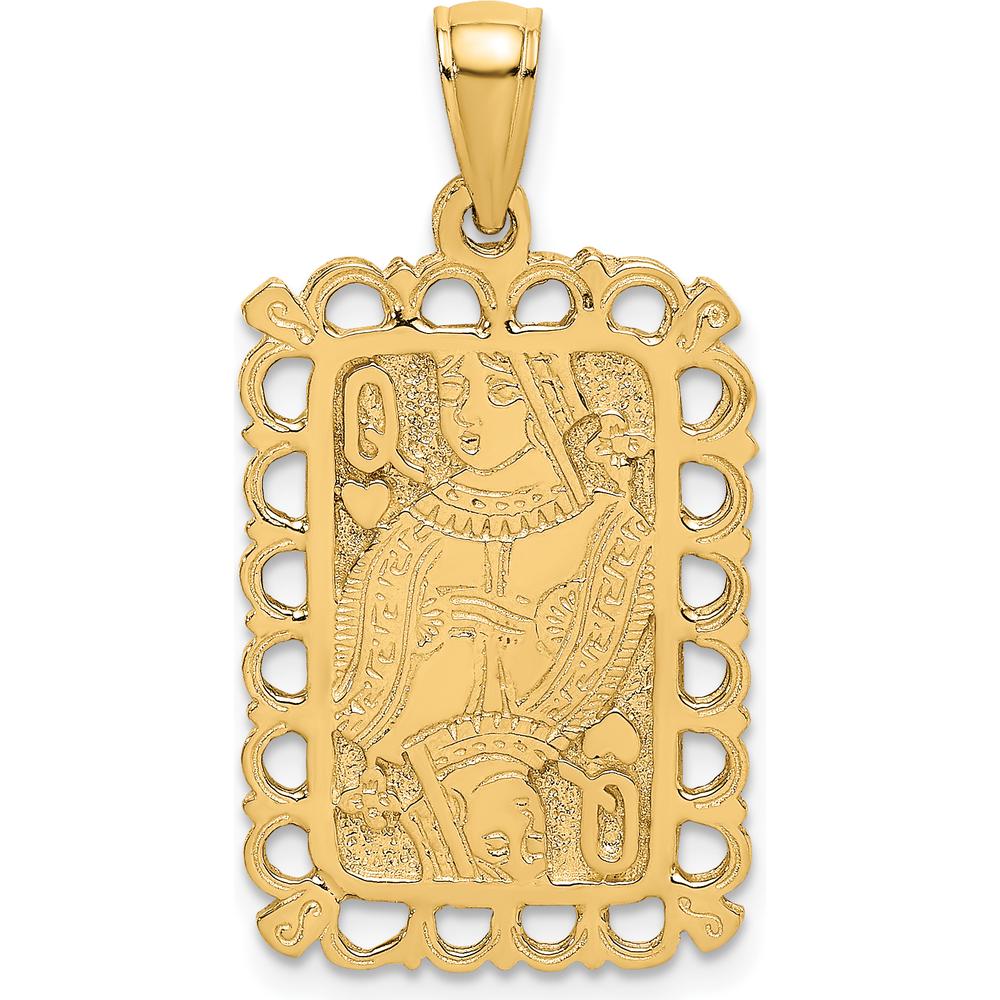 14K Yellow Gold Queen of Hearts Playing Card Charm Pendant - Textured Design by Oro Pregiato