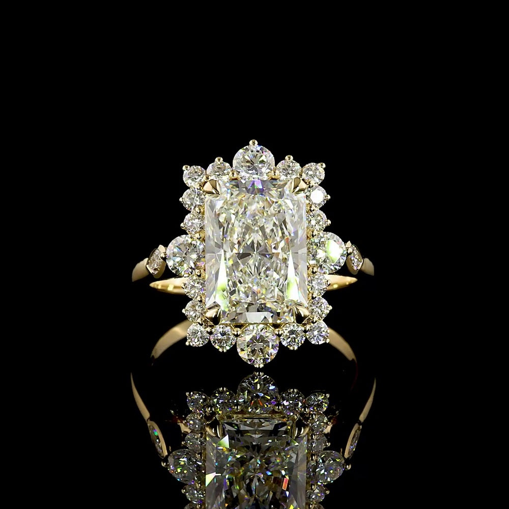 14K Yellow Gold Radiant Cut Halo Ring with Lab Diamonds - 5.42 Carat Total Diamond Weight, Center 4.09 Carat E VVS2 IGI Certified - Covaloro Fine Jewelry