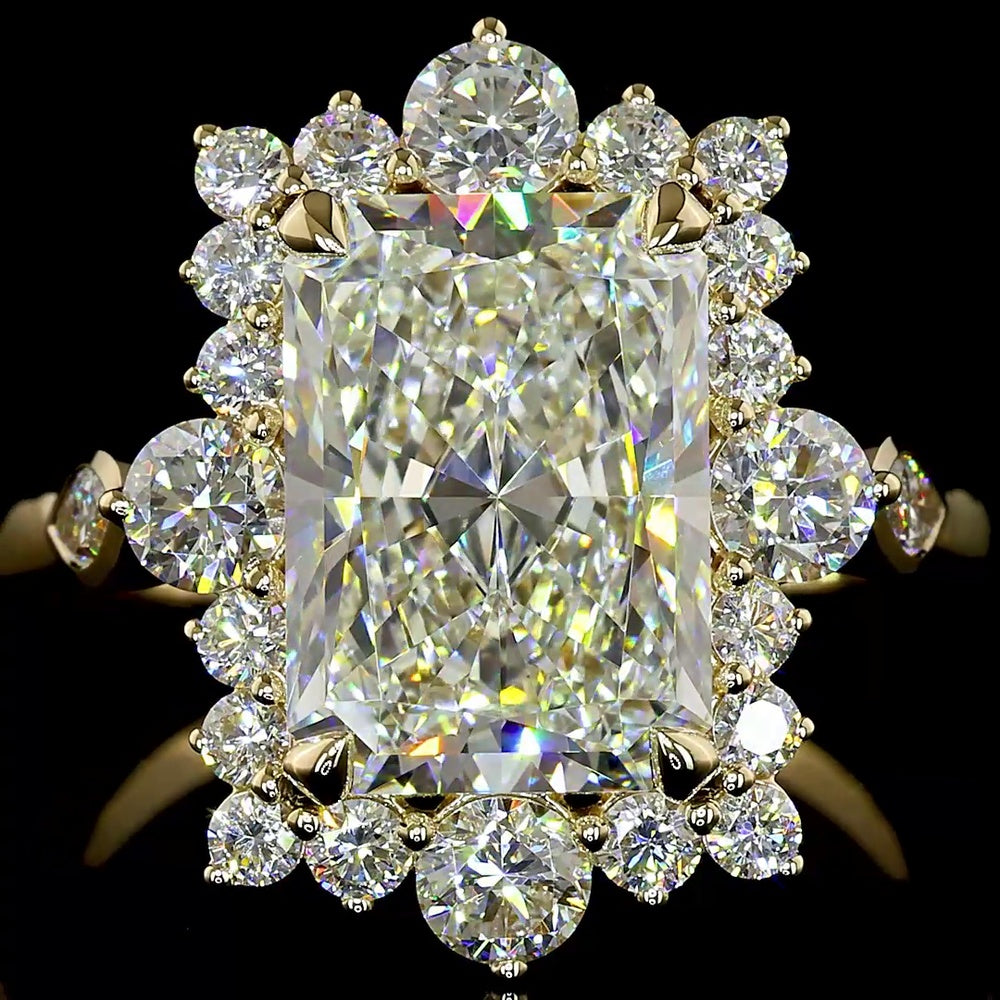 14K Yellow Gold Radiant Cut Halo Ring with Lab Diamonds - 5.42 Carat Total Diamond Weight, Center 4.09 Carat E VVS2 IGI Certified - Covaloro Fine Jewelry