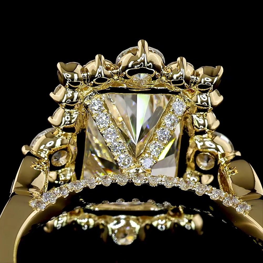 14K Yellow Gold Radiant Cut Halo Ring with Lab Diamonds - 5.42 Carat Total Diamond Weight, Center 4.09 Carat E VVS2 IGI Certified - Covaloro Fine Jewelry