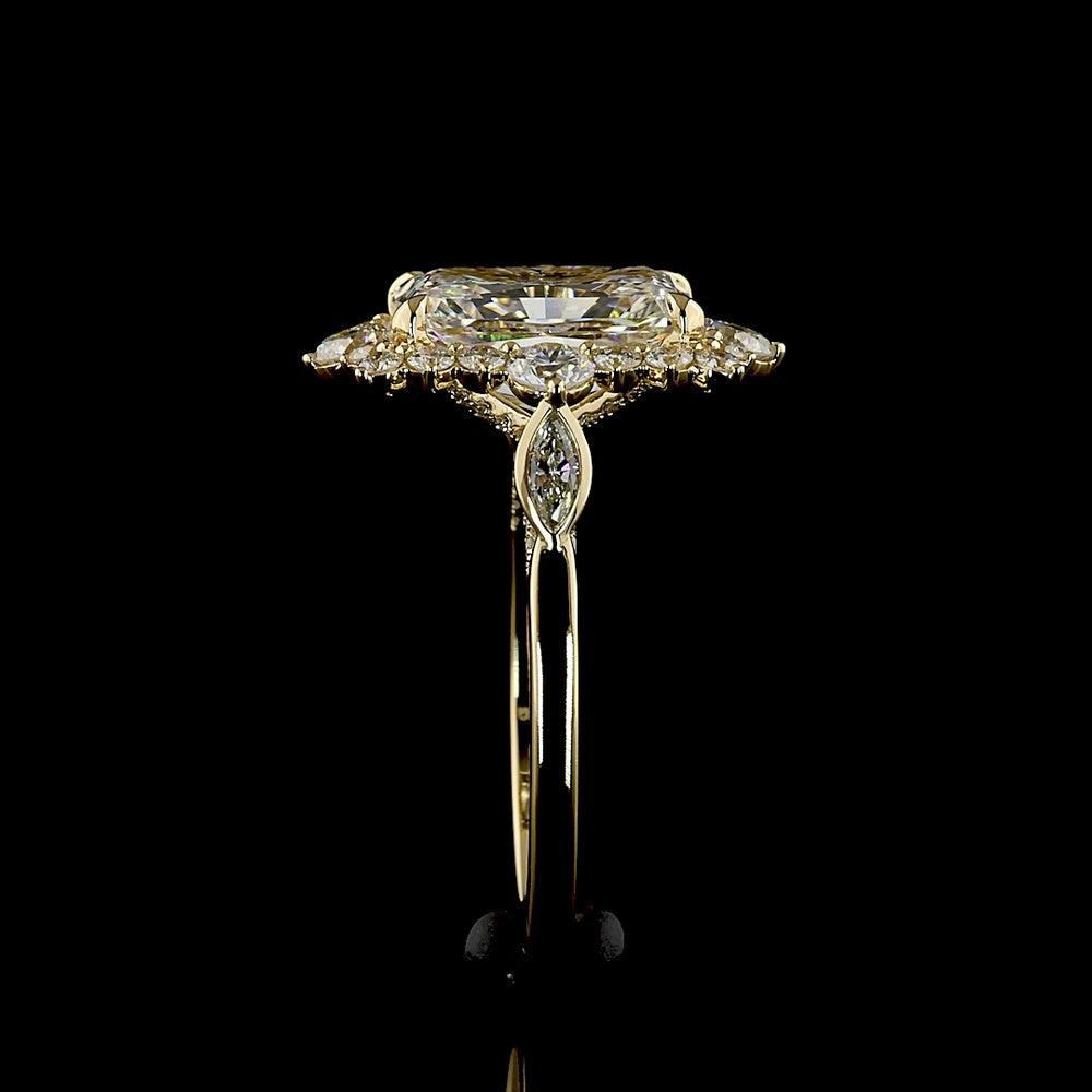 14K Yellow Gold Radiant Cut Halo Ring with Lab Diamonds - 5.42 Carat Total Diamond Weight, Center 4.09 Carat E VVS2 IGI Certified - Covaloro Fine Jewelry