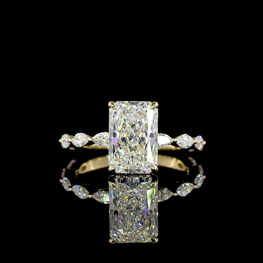 14K Yellow Gold Radiant Cut Hidden Halo Ring with Marquise and Round Lab Diamonds - 3.51 Carats Total Diamond Weight - Covaloro Fine Jewelry