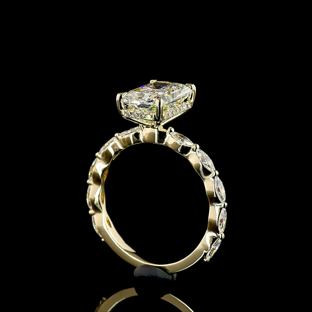 14K Yellow Gold Radiant Cut Hidden Halo Ring with Marquise and Round Lab Diamonds - 3.51 Carats Total Diamond Weight - Covaloro Fine Jewelry