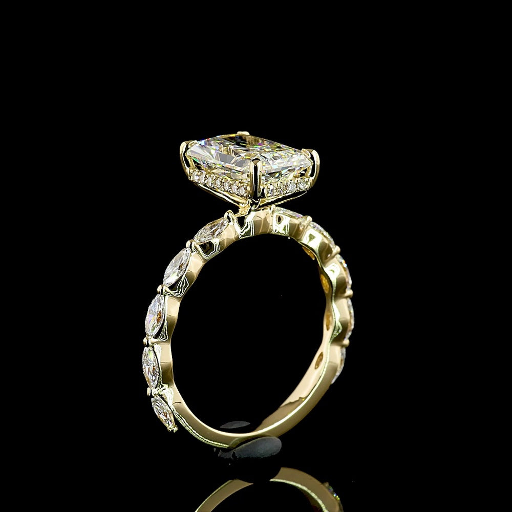 14K Yellow Gold Radiant Cut Hidden Halo Ring with Marquise and Round Lab Diamonds - 3.51 Carats Total Diamond Weight - Covaloro Fine Jewelry