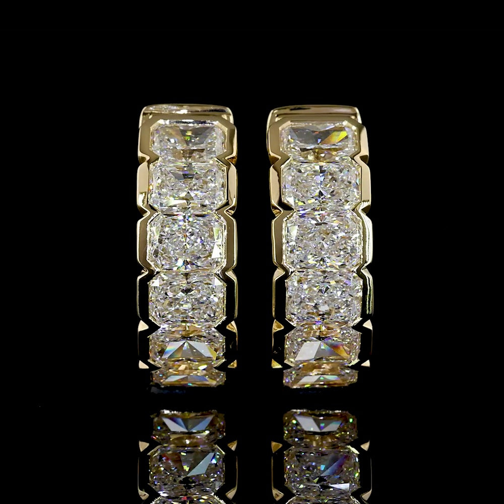 14K Yellow Gold Radiant Cut Huggie Earrings with Half Bezel Set Lab Diamonds - 2.10 Carat Total Weight - Covaloro Fine Jewelry