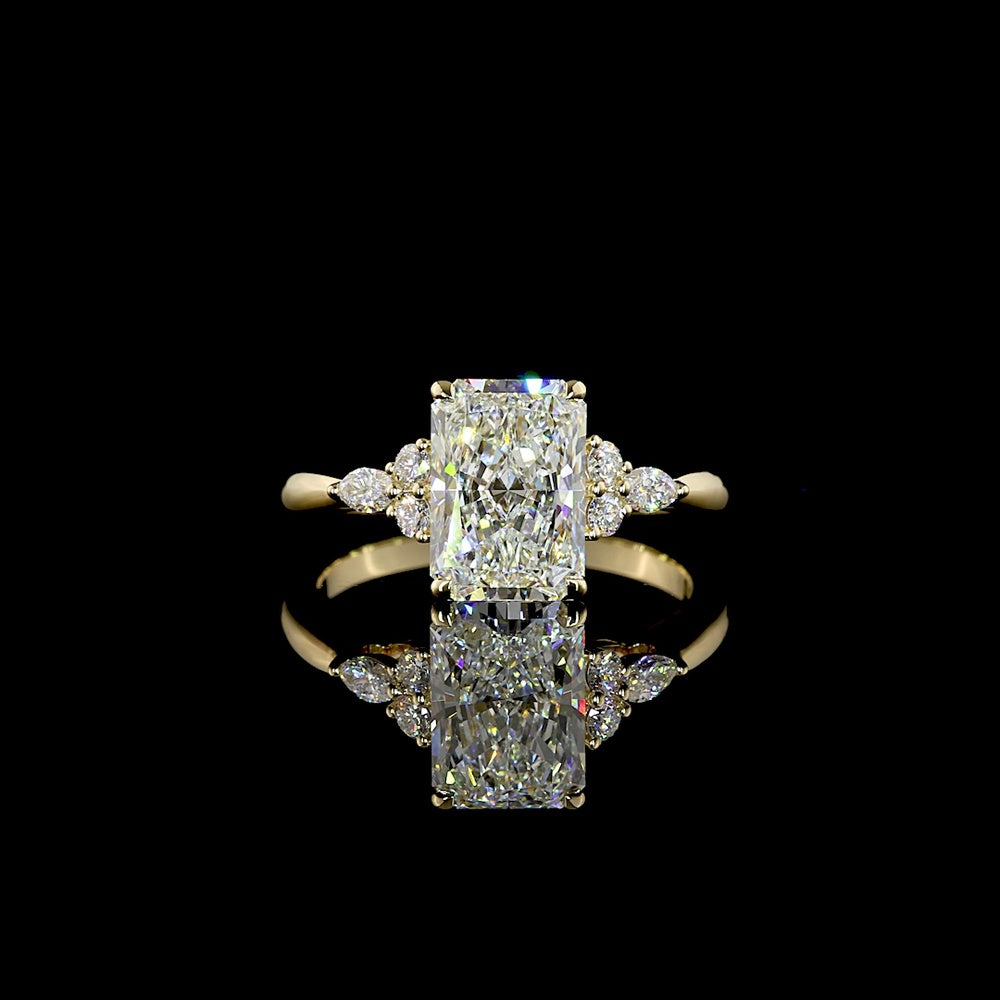 14K Yellow Gold Radiant Cut Lab Diamond Engagement Ring with Marquise and Round Diamond Cluster Side Stones - 2.76 Carat Total Diamond Weight - Covaloro Fine Jewelry