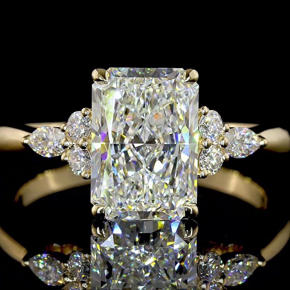 14K Yellow Gold Radiant Cut Lab Diamond Engagement Ring with Marquise and Round Diamond Cluster Side Stones - 2.76 Carat Total Diamond Weight - Covaloro Fine Jewelry