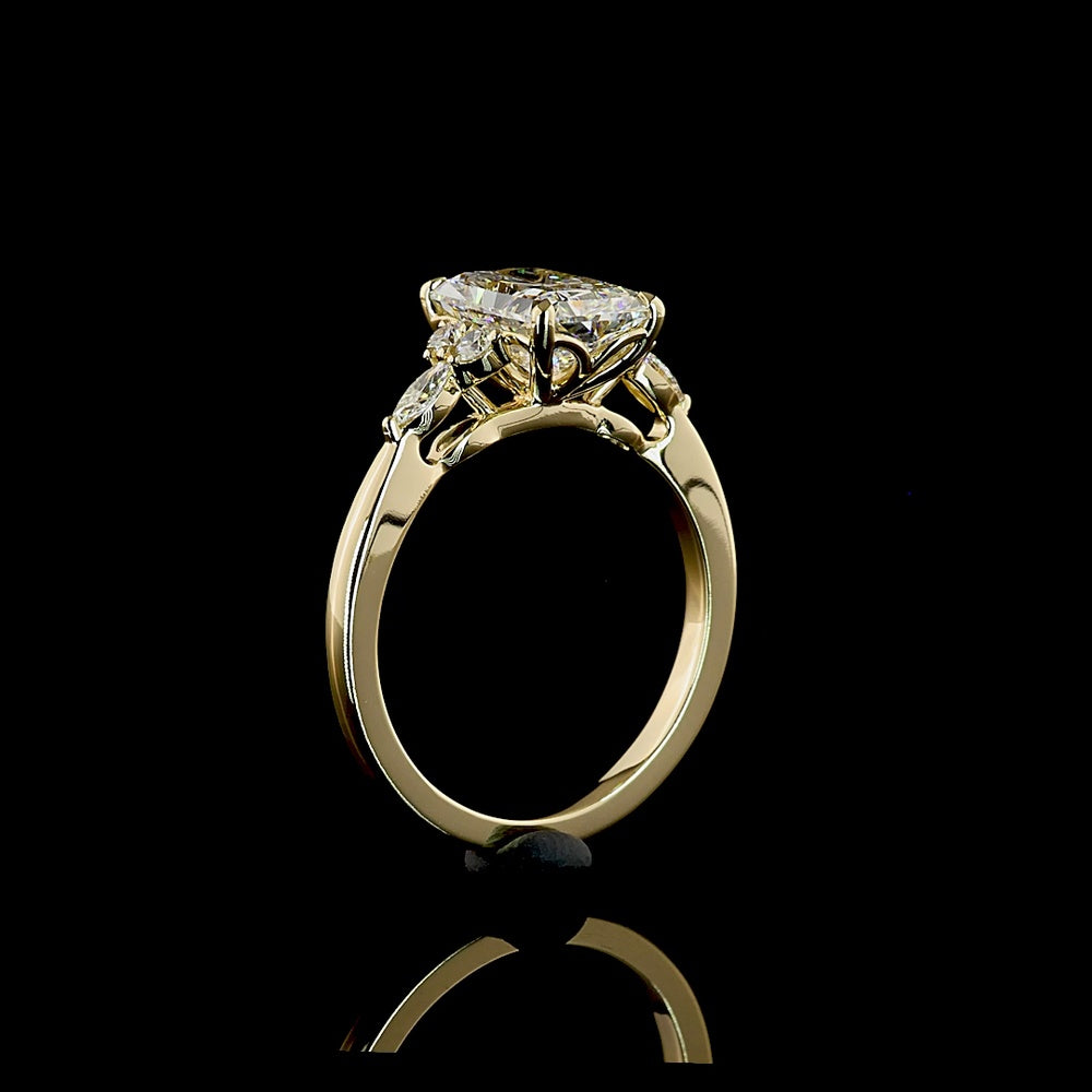 14K Yellow Gold Radiant Cut Lab Diamond Engagement Ring with Marquise and Round Diamond Cluster Side Stones - 2.76 Carat Total Diamond Weight - Covaloro Fine Jewelry