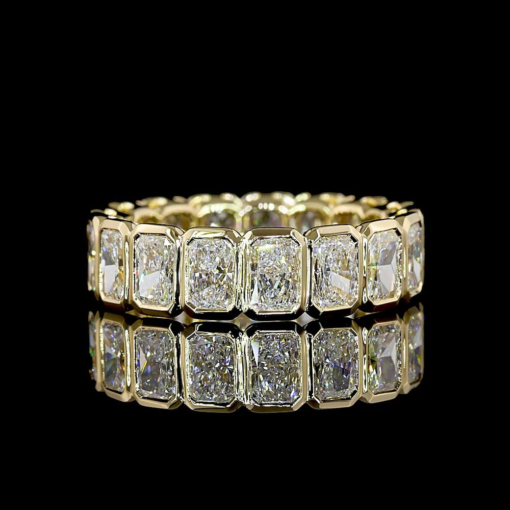 14K Yellow Gold Radiant Cut Lab Diamond Eternity Band - 4.88 Carat Total Diamond Weight, D VVS2 Clarity, Bezel Set - Covaloro Fine Jewelry