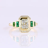 14K Yellow Gold Radiant Cut Lab Diamond Halo Ring with Emerald Baguette Accents - 1.06 Total Carat Weight - Covaloro Fine Jewelry
