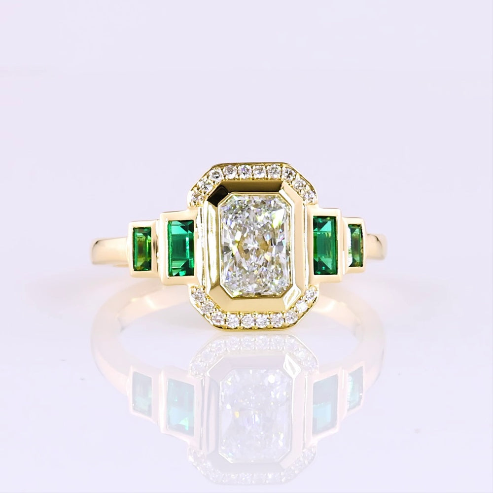 14K Yellow Gold Radiant Cut Lab Diamond Halo Ring with Emerald Baguette Accents - 1.06 Total Carat Weight - Covaloro Fine Jewelry