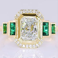 14K Yellow Gold Radiant Cut Lab Diamond Halo Ring with Emerald Baguette Accents - 1.06 Total Carat Weight - Covaloro Fine Jewelry