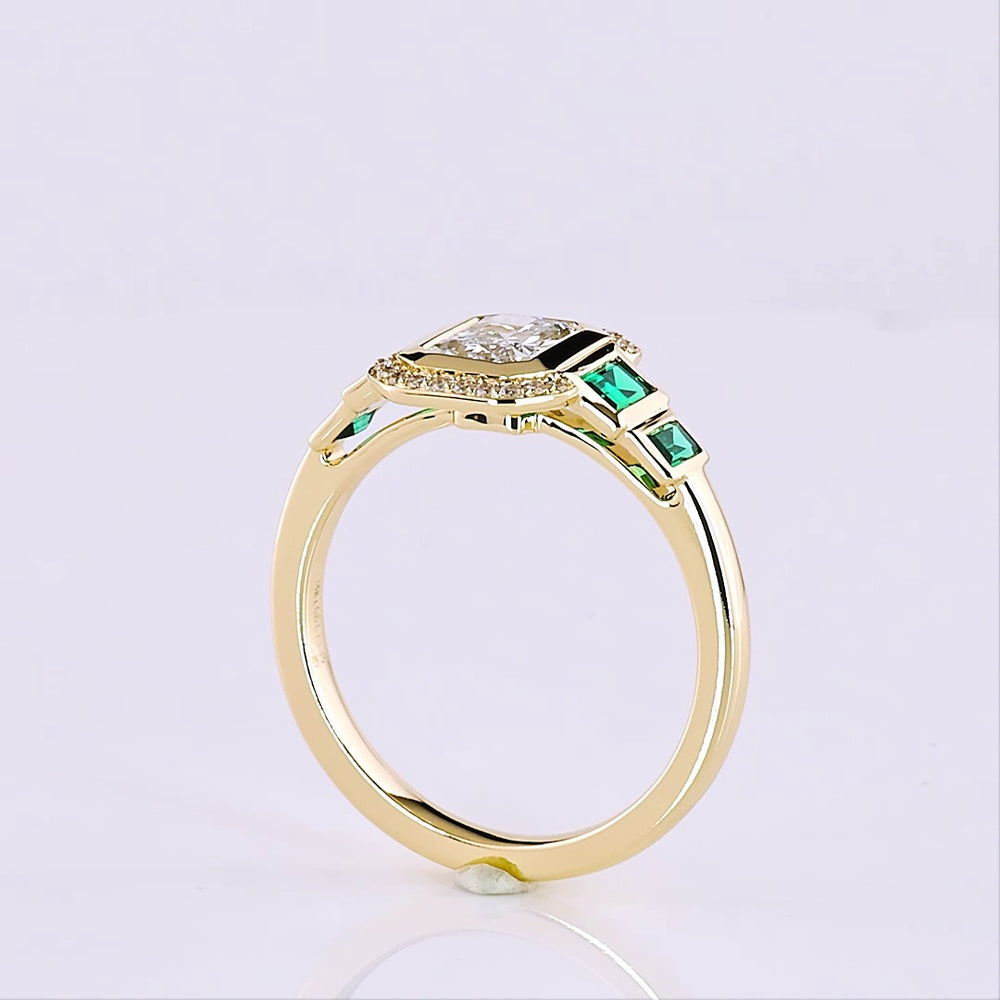 14K Yellow Gold Radiant Cut Lab Diamond Halo Ring with Emerald Baguette Accents - 1.06 Total Carat Weight - Covaloro Fine Jewelry